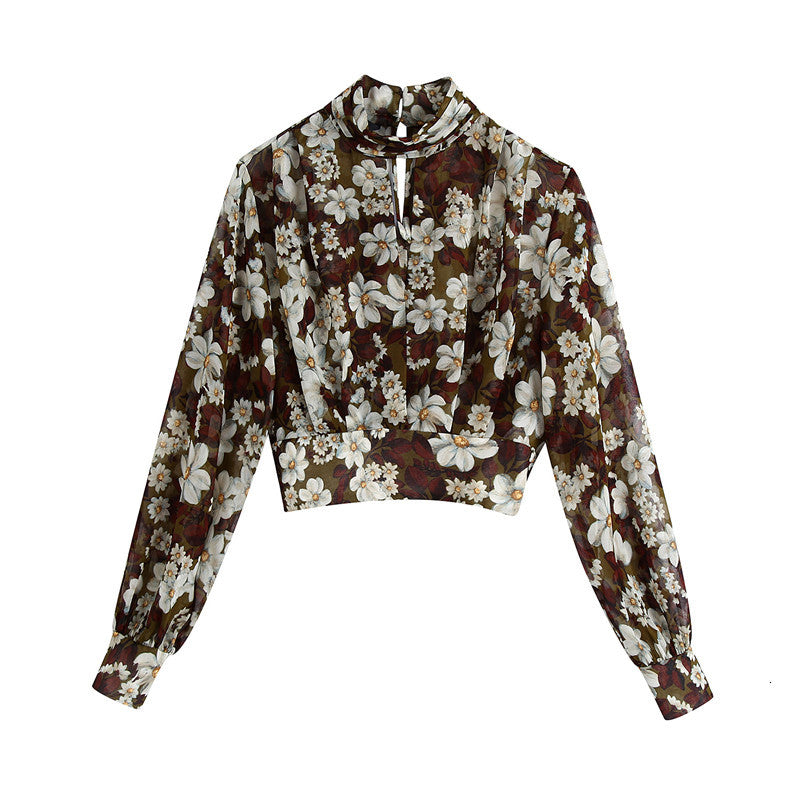 2021 New Women Floral Print Crop Blouses Vintage Long Sleeve Shirts Turn Down Collar Office Ladies Shirt Female Casual Y7kd