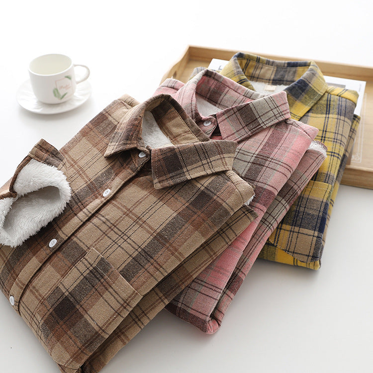 2021 New Thick Veet Plaid Shirts Womens Keep Warm Checked Blouses and Tops Cotton Long Sleeve Female Clothes Outwear Winter News Fmoz
