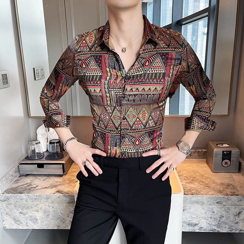 2022 spring new fashion men&#039;s tops printed shirts Korean version casual youth slim long-sleeved stitching shirts trendy and handsome
