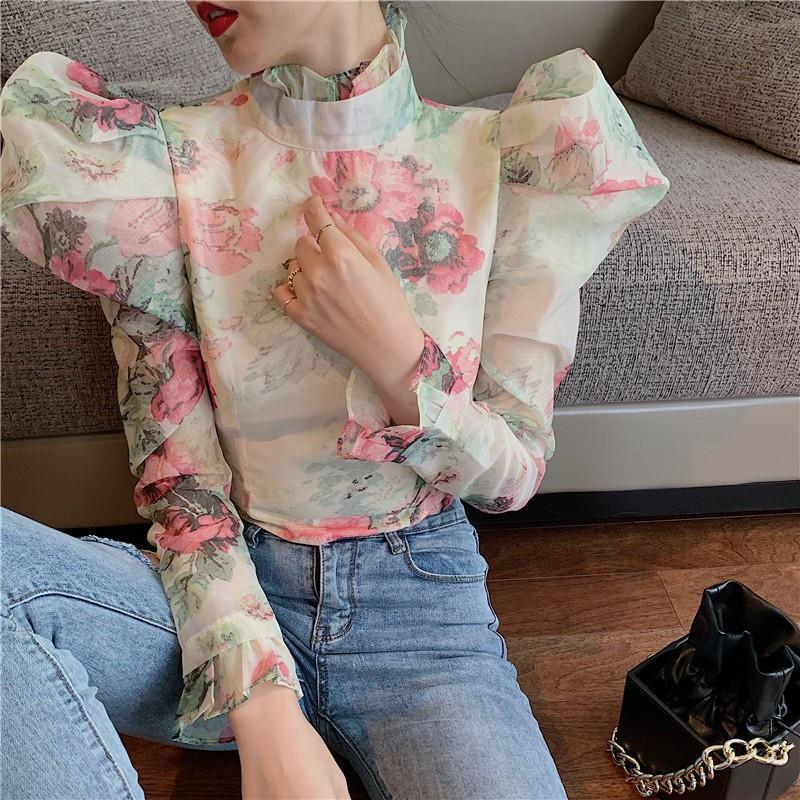 Women Elegant Casual Ruffle Long Sleeve Blouses For Female Turtleneck Puff Long Sleeve Tunic Ruched Womens Shirts Fashion Clothing