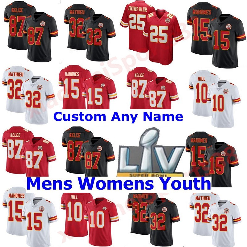 Custom Men Woman Kids Youth 15 Patrick Mahomes 25 Clyde Edwards-Helaire 87 Travis Kelce 10 Tyreek Hill 32 Tyrann Mathieu Stitched Jerseys