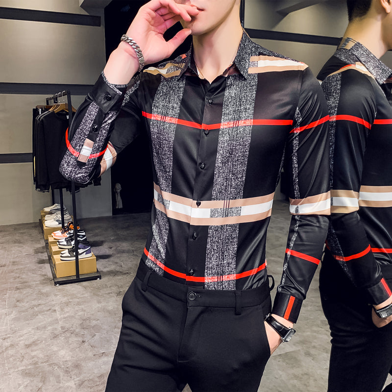 Spring 2021 long-sleeved striped plaid shirt large size striped stitching men&#039;s business casual letter printing slim shirt youth