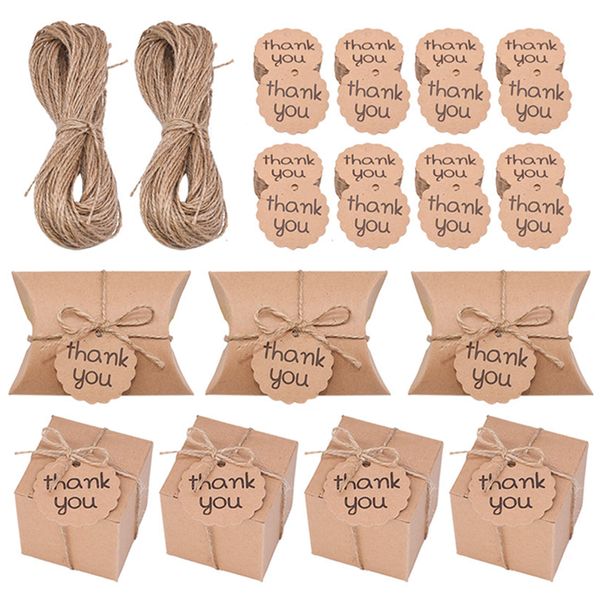 50pcs-lot Mini Pillow Shape Kraft Paper Candy Box Wedding Gift Boxes With Ribbon And Thank You Tags For Home Party Supplies