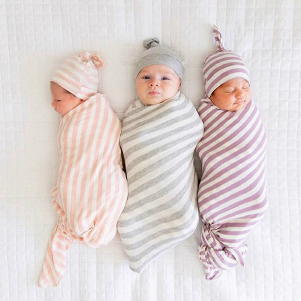 Stripe Swaddle Blankets+Hats Newborn Set Euro Sale Baby Bedding Infant Toddlers Stretchy Super Soft Receiving Blanket