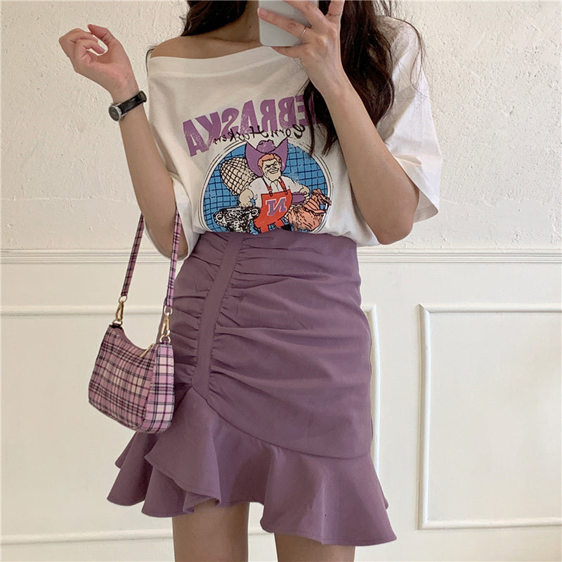 2021 New Lilac Purple Women Summer Elegant Pleated Mermaid Skirts Mini Skirt and Top Set One Shoulder Tshirts Print t Shirt Z4dw