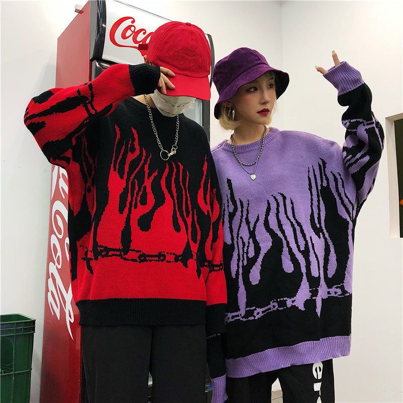 2021 New Autumn Winter Harajuku Flame Knitting Batwing Sleeve Casual Long Women Tide Printed Sweater Loose Boyfriend Pullovers Heot