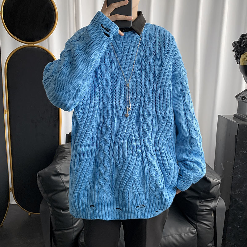 2021 New Korean Style Ripped Sweater Men&#039;s Warm Fashion Retro Casual Knitted Pullover Men Autumn Winter Knitting Sweaters Mens Clothes Vw1c