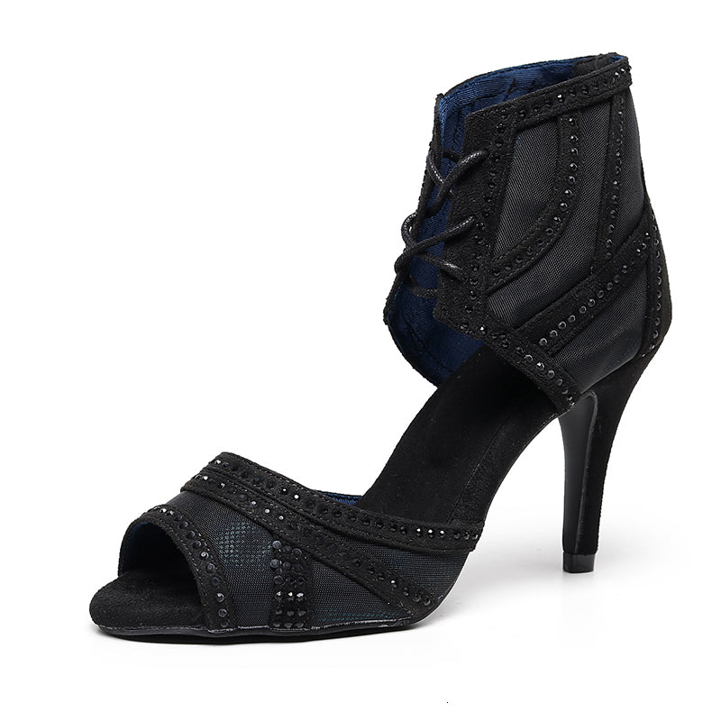 2021 New Qianjiaowu Rhinestone Latin Dance Black Glitter Mesh Ballroom Salsa Dancing Shoes for Women Soft Sole Latino Dance-shoe Kd6c Z0DF