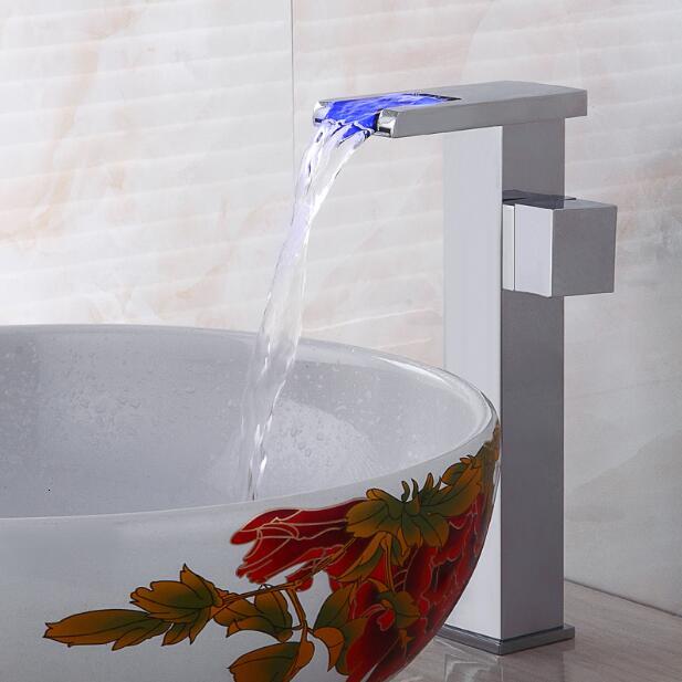 2021 New Free Shipping Chrome Led Waterfall Square Bathroom Basin Faucet Sink Mixer with Two Pcs 50cm Plumbing Hoses Xlrl