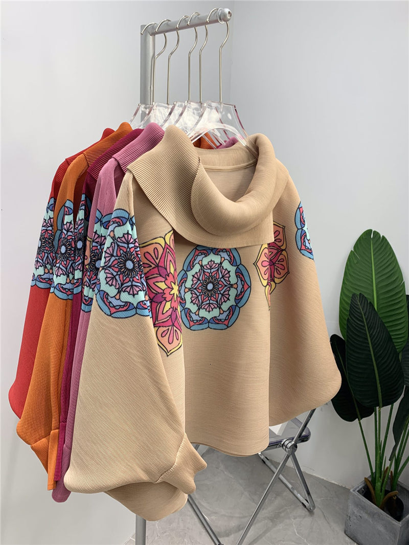 New 2021 Fashion Spring Pleated Oversized Hoodie Plus Size Women Top Bat Sleeve Scarf Collar Indie Flower Vintage Clothes M415