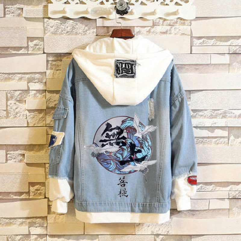 2021 New Capuz Denim Masculina Moda Falso Duas Peas Streetwear Bombardeiro Jaqueta Japo Hip Hop Hoodie Homem Roupas De Cowboy Ip6c