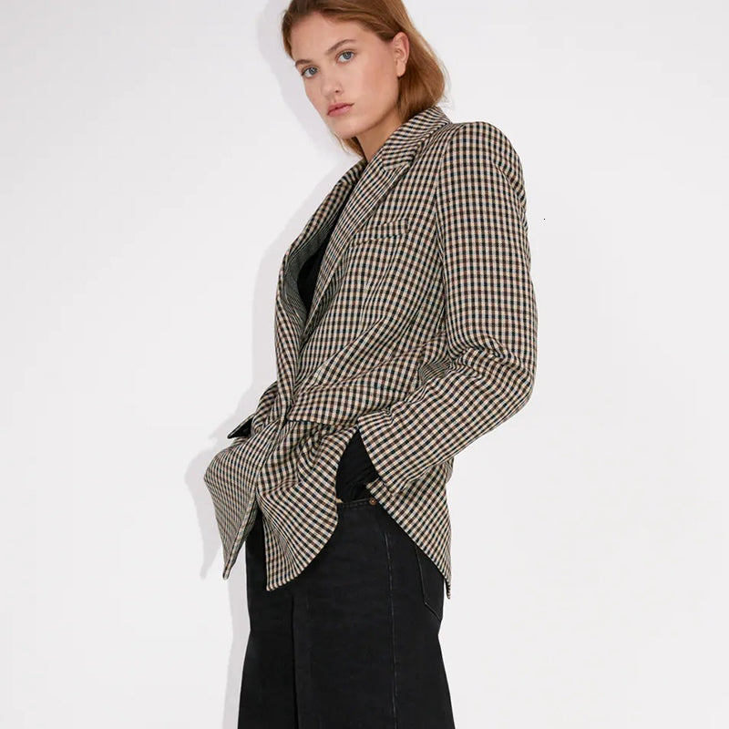 2021 Autumn Winter Women Plaid Blazers New Long Sleeves Causal Ladies Jackets Elegant Girls Office Outfits Suit 8VQ0