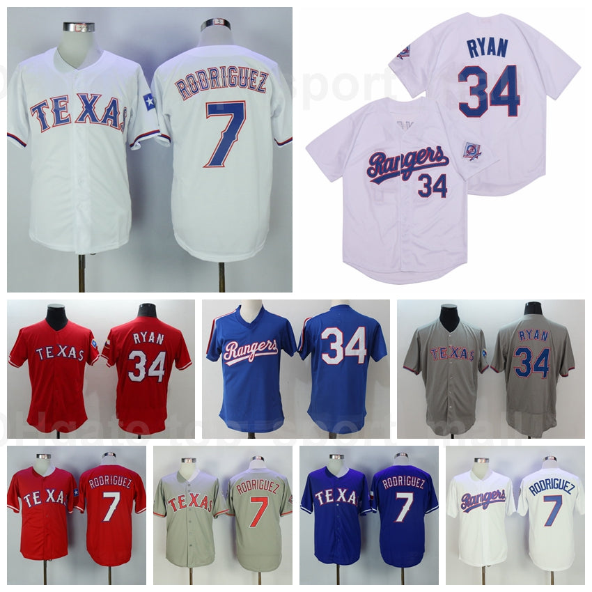 Retror 1993 Vintage Baseball 34 Nolan Ryan Jersey 7 Ivan Rodriguez Retire Pullover Stitched Cooperstown Red Blue White Grey High Quality