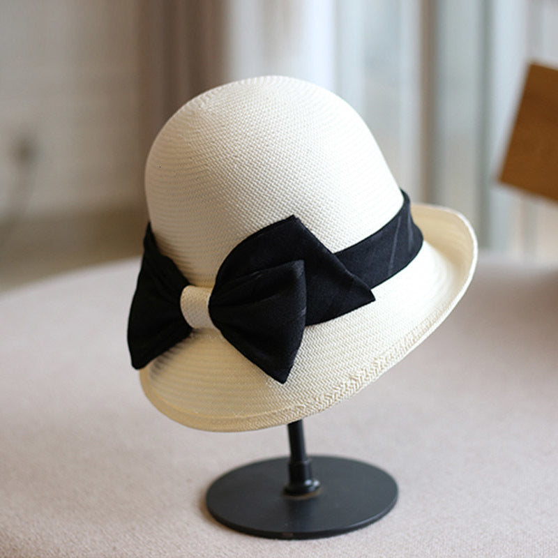 2021 New Summer White Wide Brim Women Fine Braid Paper Straw Fedora Panama Bow Bucket Sun Church Wedding Ladies Hat Je24