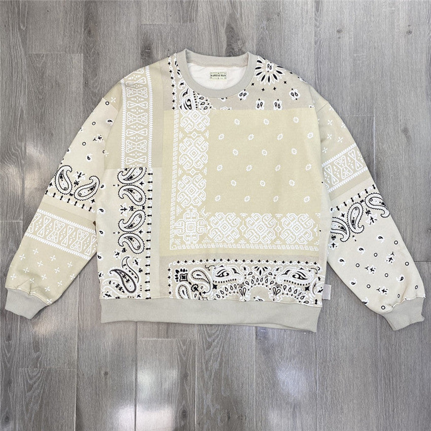 2021 New Heavy Fabric Spliced Vintage Kapital Sweatshirts Crewneck Pullovers Men Women 1:1 Cashew Flower Printing Hoodie F6b0