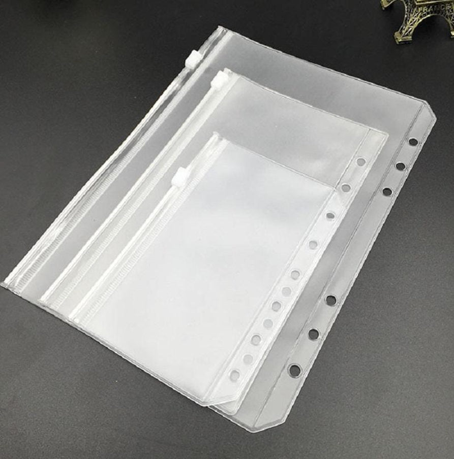 A6 Clear Punched Binder Pockets for Notebooks 6 Holes Zipper Loose Leaf Bags PVC Frosted Notebook Inserts Organize Document Storage Folders