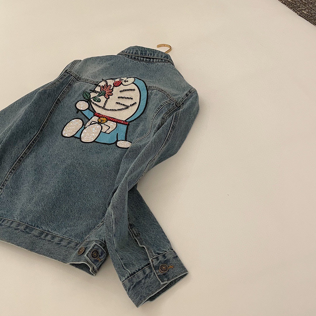 2021 spring new robot cat heavy industry Nail Drill water soluble embroidery cute age reducing loose long sleeve denim jacket