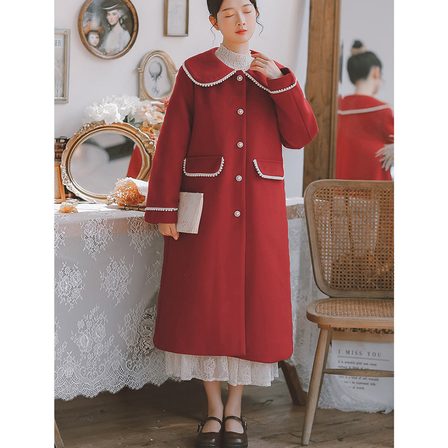 2021 Faux Wool Blends X-long Coats Women Warm Thick Cotton Outerwear Red Wine Vintage France Peter Pan Collar Korean Casual Girls Iren