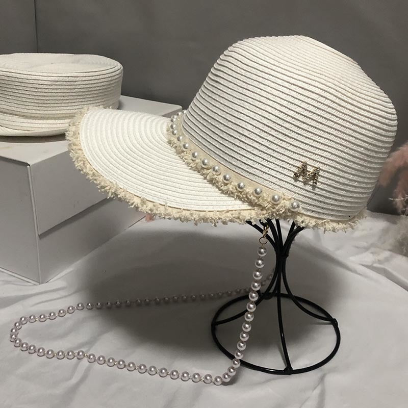 2021 New Fashion Raffia Fringed Paper Straw White Black Women Long Pearls String Visor Sun Hat Summer Beach Derby Cadet Cap 7w0p