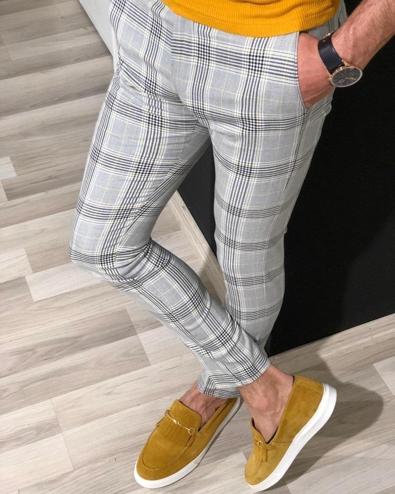 2021 Men&#039;s Slacks Checked Formal Elegant Casual Business Office Suit Pants Fit Tartan Runners Thin Elastic Sweatshirt Vldt