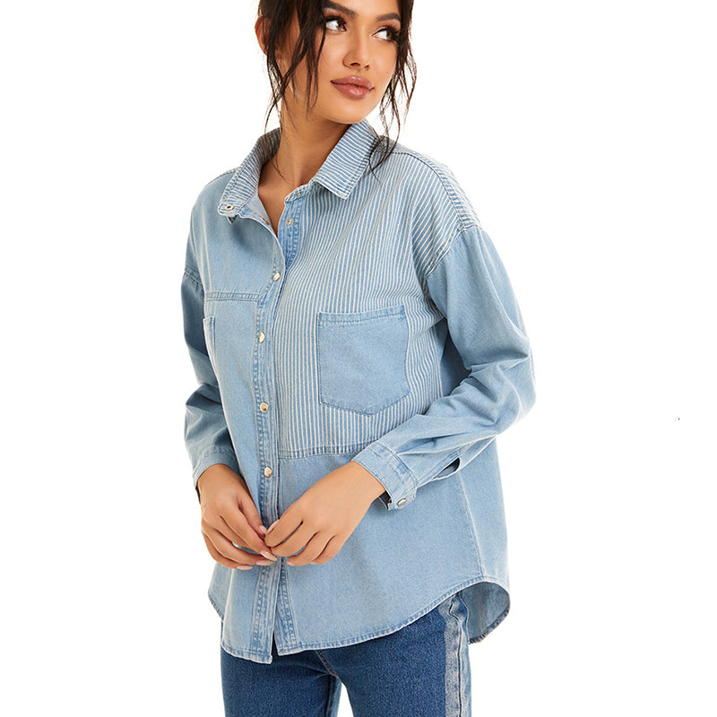 2021 Denim Cotton Spliced Shirt Blouse Women Autumn Long Sleeve Polo Collar Loose Office Lady Fashion Plus Size Tops 7v0f