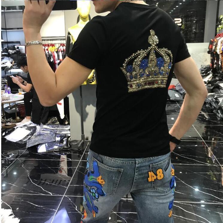 2021 New Man&#039;s Shirt Cotton Short Black Sleeves Hot Drill of Men t Clothes Mark Summer Diamond Stone Homme Xpfk