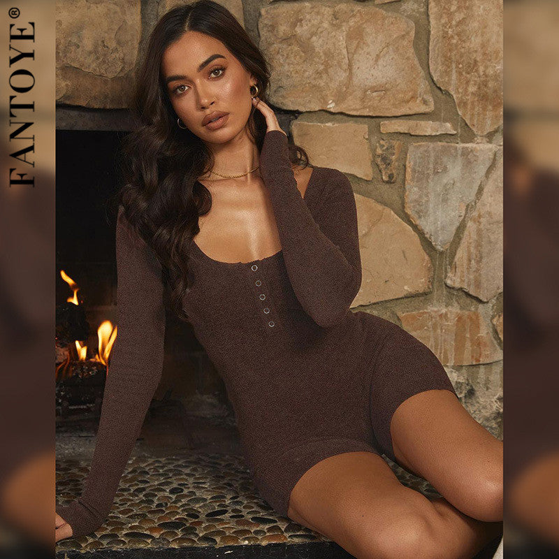 2021 New Brown Bodycon Activewear Button Playsuit Women Winter o Neck Full Sleeve Rompers Jumpsuit Solid Slim Elastic Outfits Hot W1t2