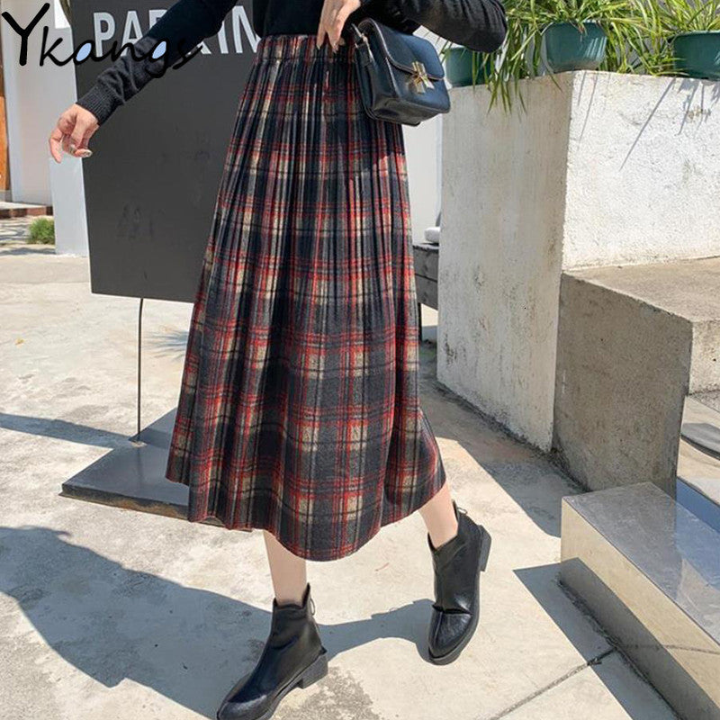 2021 7 Colors Vintage Plaid Wool Pleated Skirts Elastic High Waist Winter Women Korea Woolen Streetwear Midi Skirt Girl Clothes Jbuo