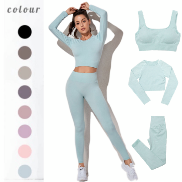 Women Sport Suit Yoga Set Athletic Wear Gym Workout Clothes Long Sleeve Fitness Crop Top Bra+ High Waist Seamless Sport Leggings