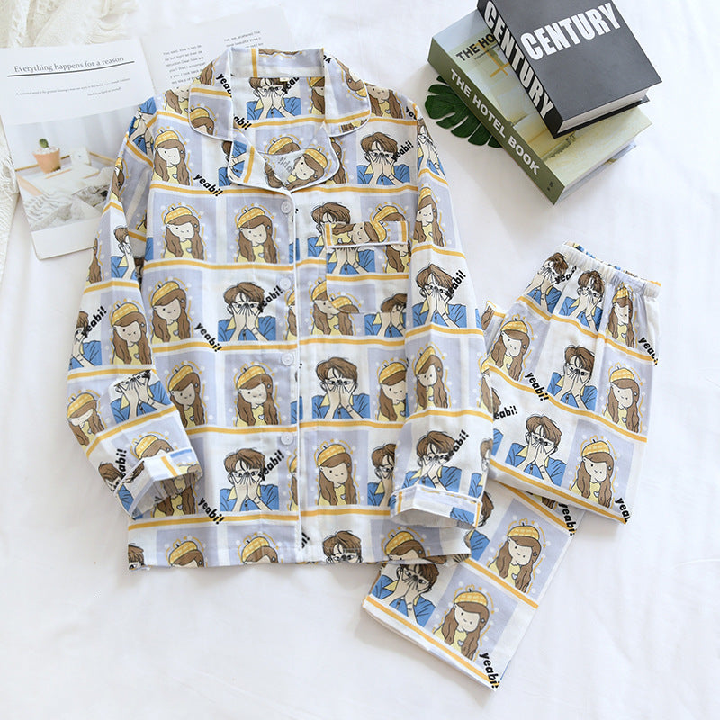 2021 New Spring Autumn Couple Two-piece Cotton Cartoon Men and Women Pajamas Set Plus Size Home Service Summer Sleepwear 7klo