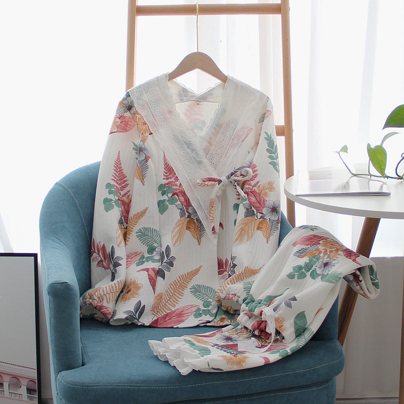 2021 New Japanese Kimono Air Layer Red Leaf Confinement Suit Pregnant Postpartum Household Pajamas Set Women Nursing Pyjama O81r