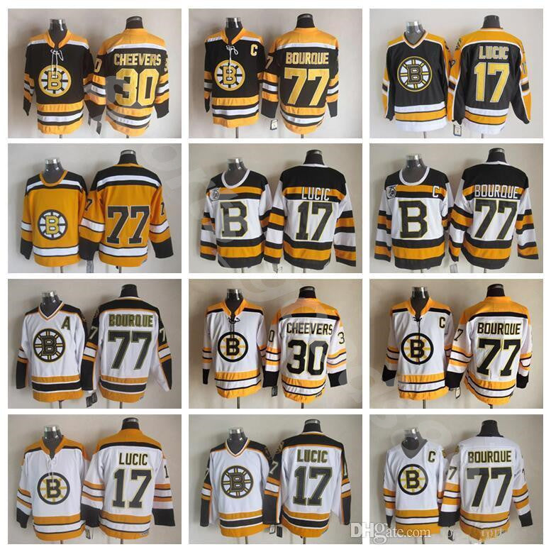 Men 77 Ray Bourque Jerseys Ice Hockey 30 Gerry Cheevers 17 Milan Lucic Boston Bruins Vintage Jersey CCM 75th Black White Yellow