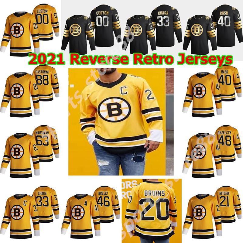 Boston Bruins 2021 Reverse Retro Jersey 88 David Pastrnak 37 Patrice Bergeron 63 Brad Marchand 74 Jake DeBrusk Hockey Jerseys
