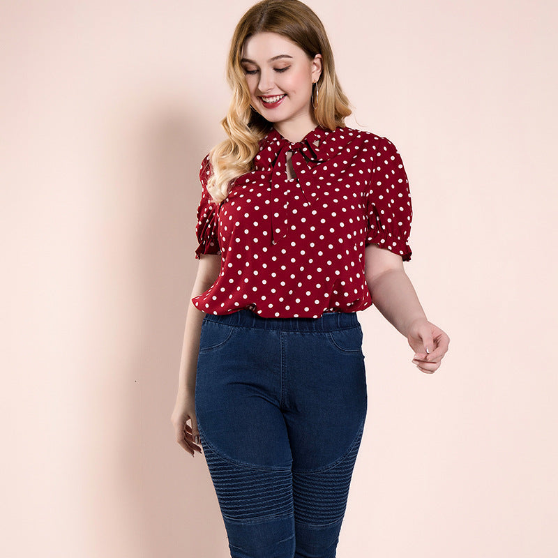 2021 New Women Blouses for 25 Office Female Bow Plus Size Oversized Shirt Elegant Summer Top Fat Clothes Red Polka Dots Vintage J36u