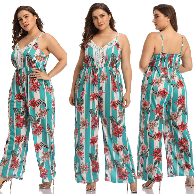 2021 New 19205 Plus Big Size Female Summer Wide Leg Long Pants Casual l xl xxl 3xl 4xl Print Fat Jumpsuit Office Lady Backless One Set Im1j