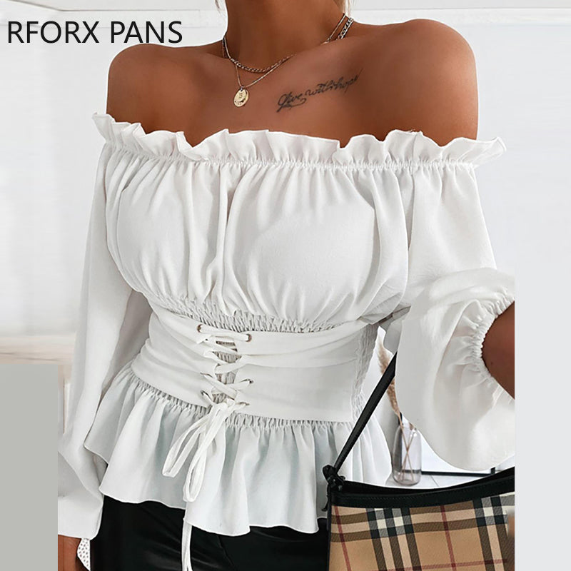 Women Blouses Off Shoulder Lace-up Front Ruffles Casual Plus Size Tops Spring Top and Blouse