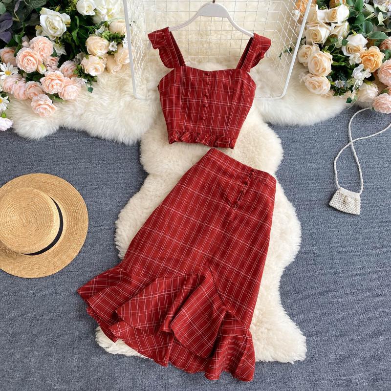 2021 New Fashion Women Vintage Two Piece Sets Summer Crop Tops and Midi Skirts Outfits Ladies Elegant Plaid Beach Red 2 Pcs Suits Mujer Njyg
