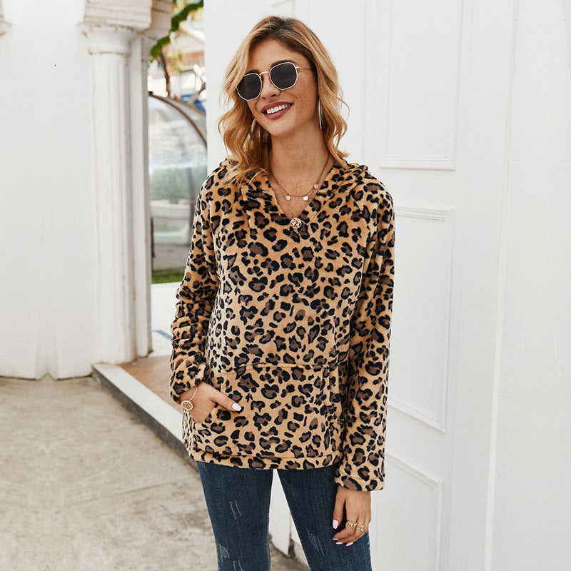 2021 Autumn Winter Loose Fleece Leopard Women New v Neck Full Sleeve Casual Pullover Hoodies Female Office Lady 9p04
