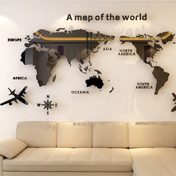 Solid Acrylic Wall Sticker World Map Decals For Living Room 3D Wall Decals Sofa Backgroud Mural Large Wallpaper For Home Decor 210308
