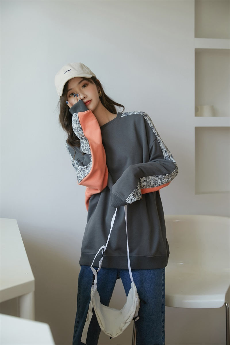 2021 New Contrast Color Crewneck Sweatshirt Women Fall Patchwork Paisley Print Grey Orange Hoodie Reversible Clothing E7dg