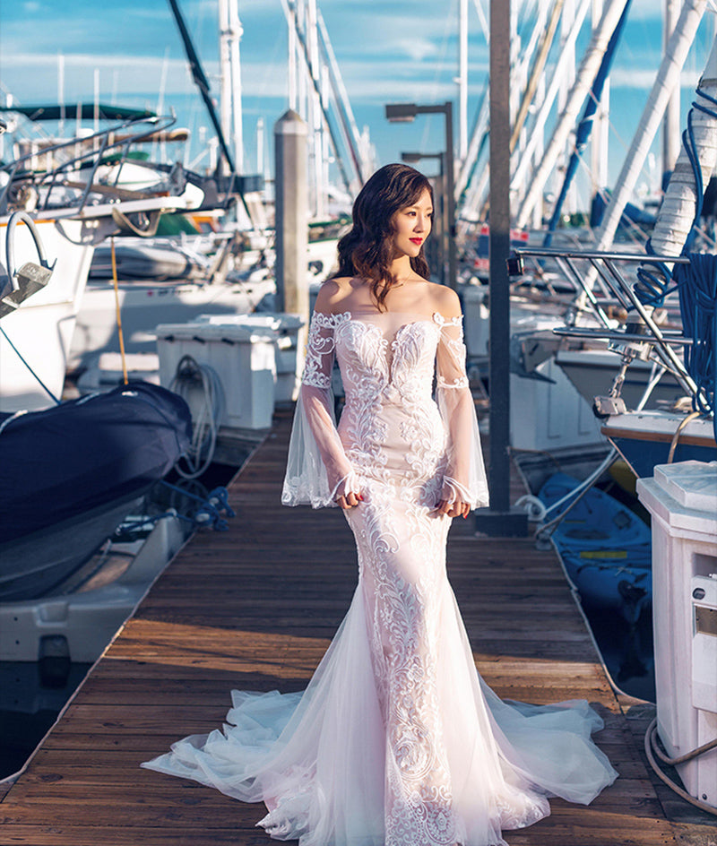 Elegant White Champagne Lace-Tulle Sleeves Mermaid Wedding Dresses Bridal Pageant Dresses Wedding Attire Dresses Custom Size 2-18 W309009