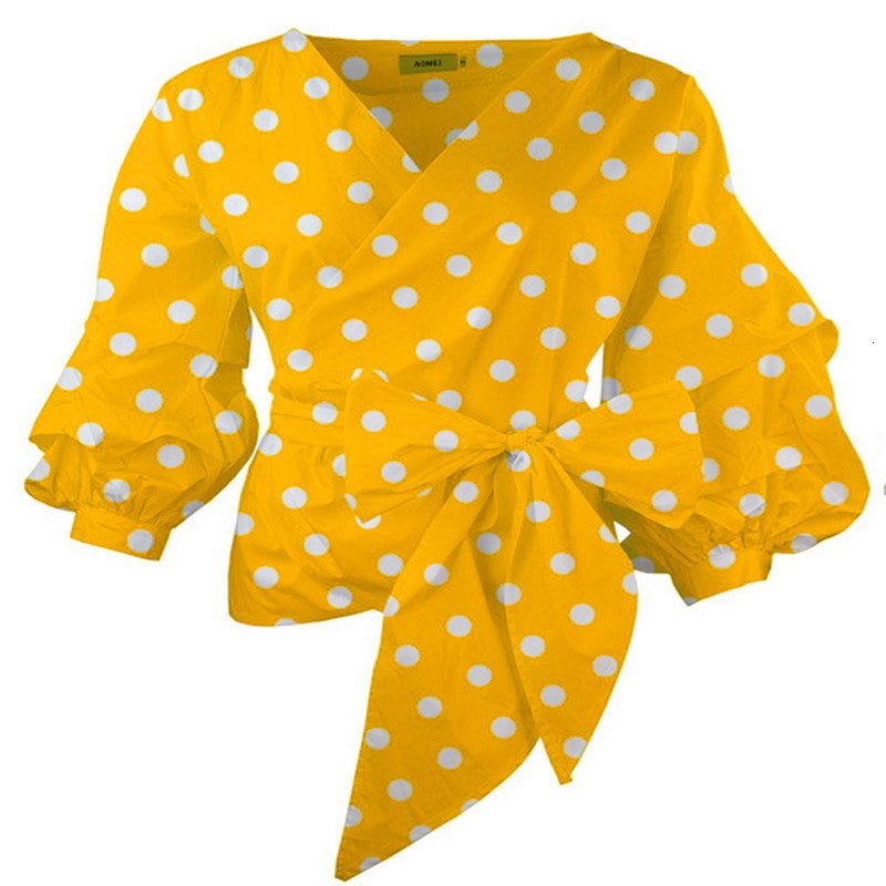 New Yellow Blouses Sashes Front Bow Tie with White Print Polka Dot Sleeve Tops for Women Plus Size 3xl 2021 Summer Bluas Pqv7
