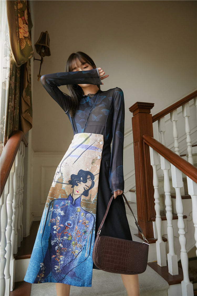 2021 New Painting Patchwork Woman Skirts High Waist Button Asymmetrical Skirt Women Autumn Fashion Designer Clothing Hz2q