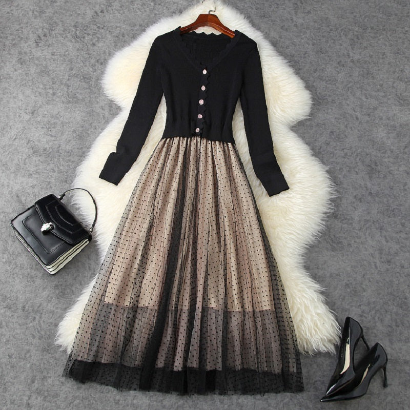 2021 Spring New V-neck Polka Dot Women Celebrities Long Pleated Party Dresses Winter Knitting Mesh Dress Yfsm