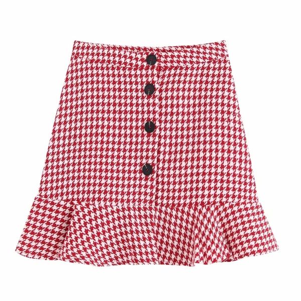 Women high street red plaid houndstooth print hem ruffles mini skirt faldas mujer ladies single buttons chic skirts QUN409 210309