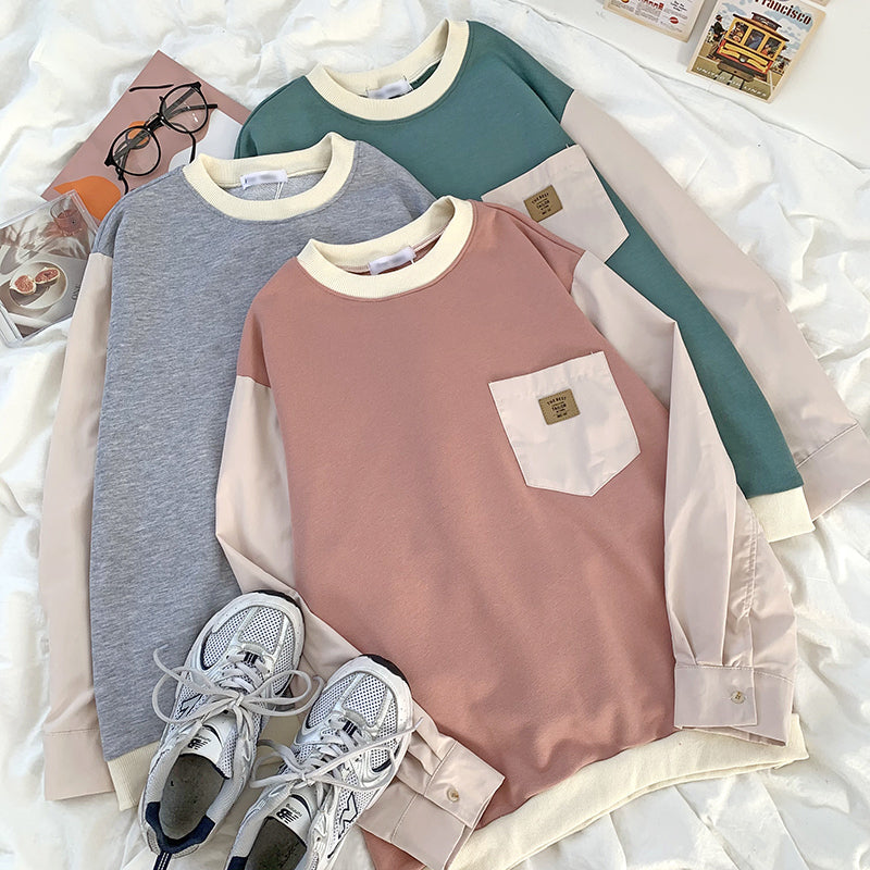 2021 New Mooirue Spring Women Sweatshirt Patchwork Shirt Sleeve Pocket Label Design Youth Round Neck Loose and Thin Simple Tops Yp7t