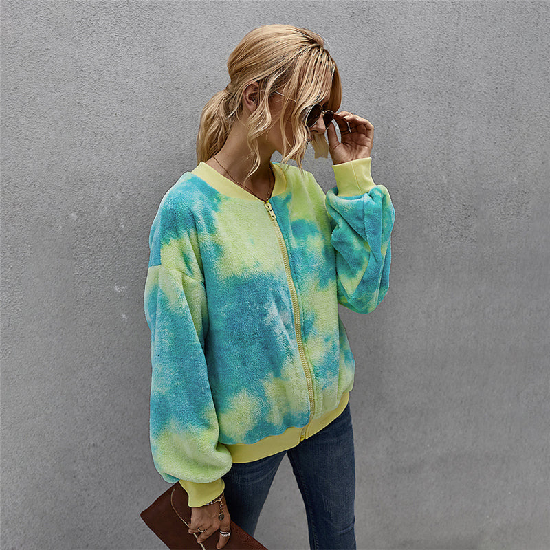 2021 New Autumn Winter Zip-up Tie Dye Women Office Lady Full Sleeve O-neck Fleece Hoodies Uieo