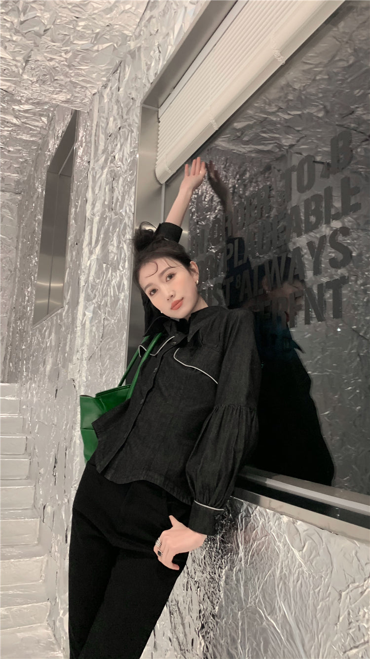 2021 New Reflective Cotton Black Long Button Up Women Lantern Sleeve Tops and Blouses Tunic Collar Shirt Fashion 4yml