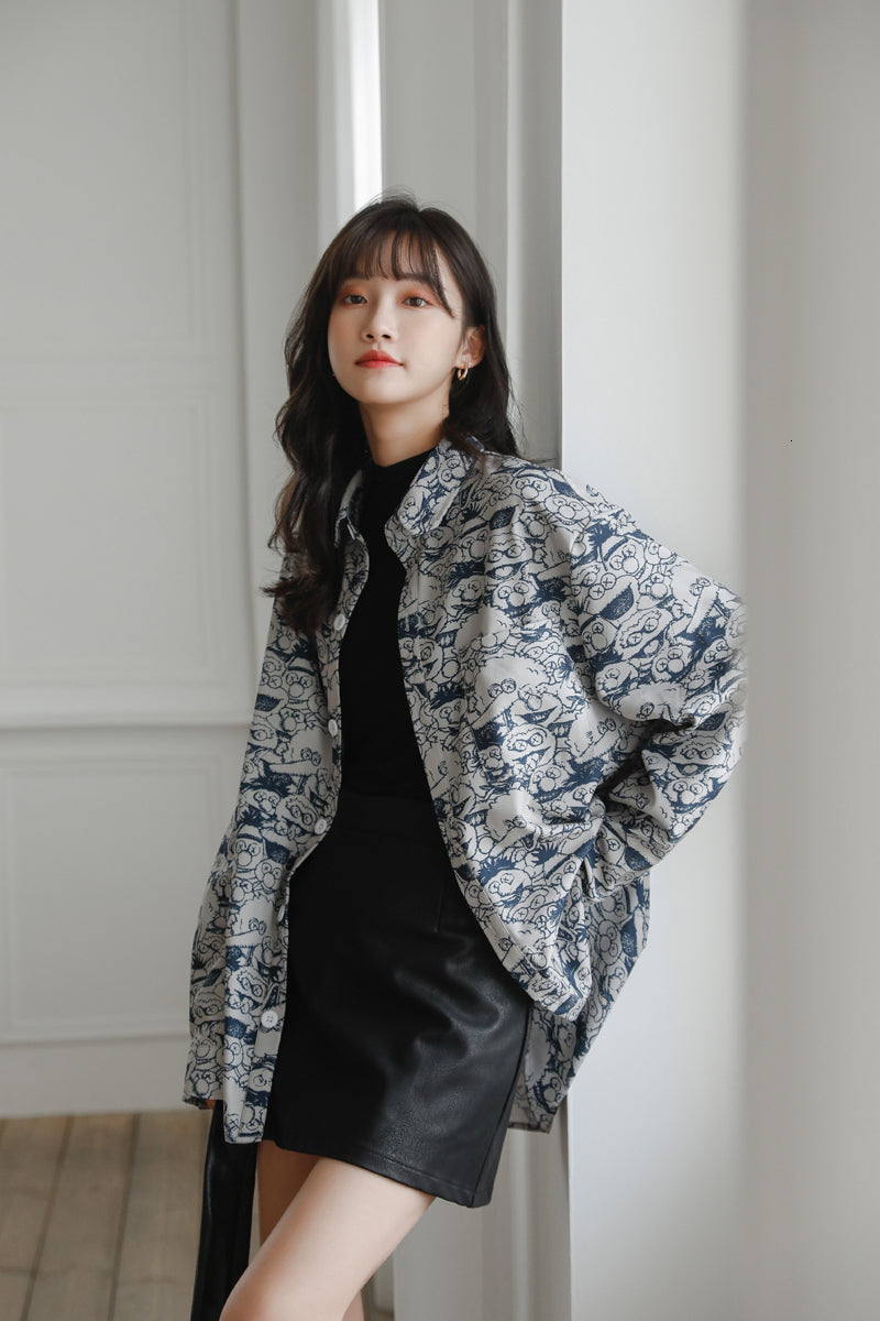 New Cartoon Print Vintage Long Sleeve Top and Blouses 2021 Fashion Women Button Up Loose Shirt Designer Clothes 5qkt