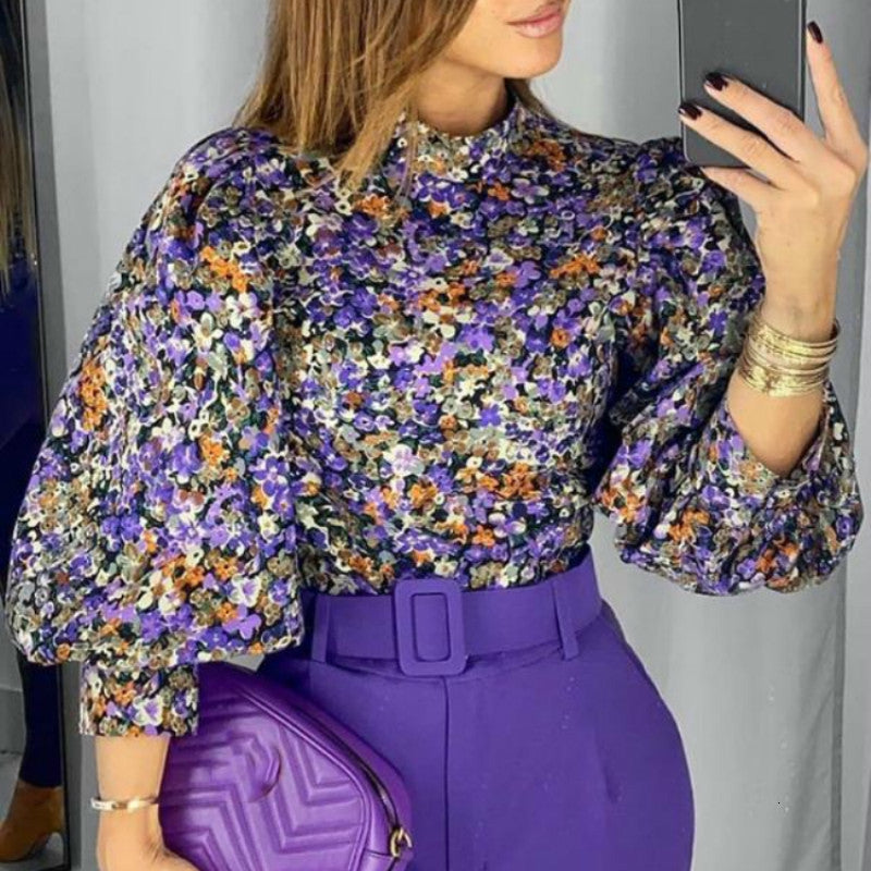 2021 New Women Purple Printed Blouses Turtleneck Long Lanterm Sleeves Shirts Tops Female Floral Autumn Fashion Bluas Elegant Ladies Wear 9qi